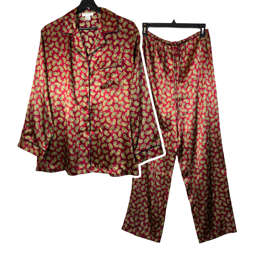 Jones New York Pajama Set Small Top & Bottom Sleepwear Burgundy Red Tan Paisley